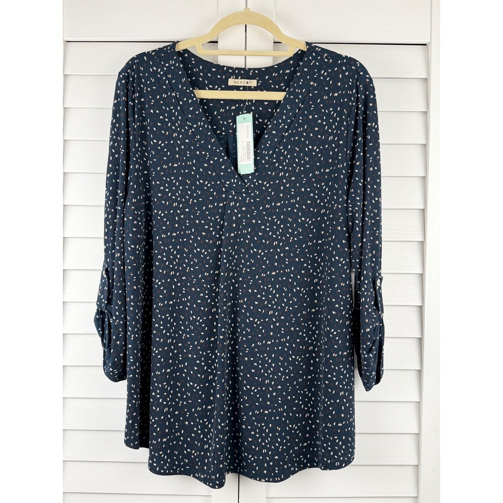 Beacon Patty Roll Tab Knit Top XL Dark Green Abstract Dot NEW